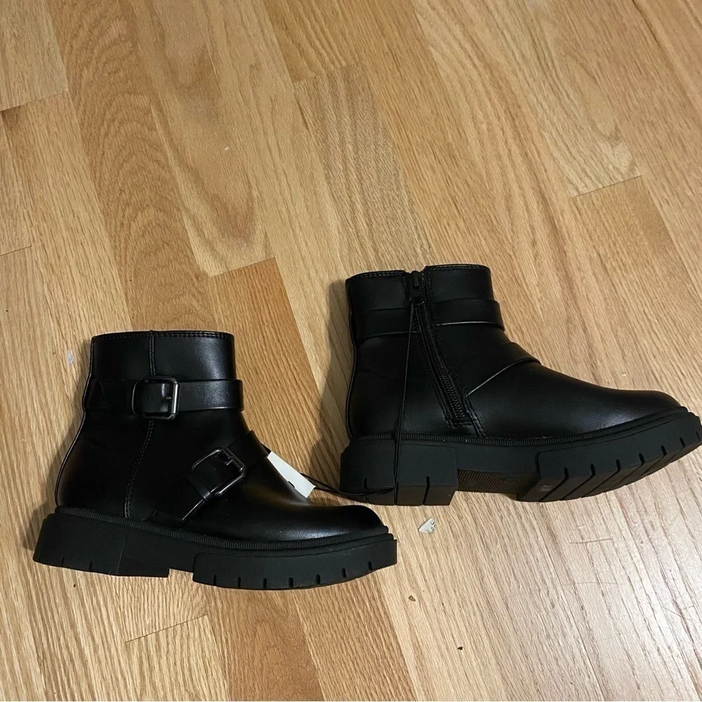 Cat & Jack Black Double Buckle Chunky Moto Boots NEW Sz 13 Kids Girls Zip Up